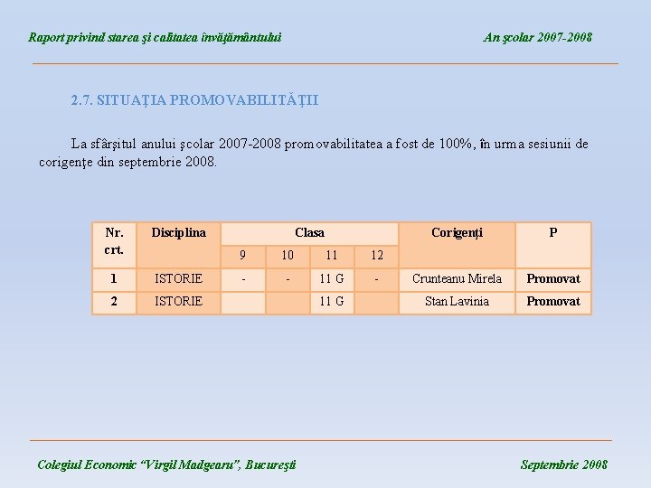 Raport privind starea şi calitatea învăţământului An şcolar 2007 -2008 ____________________________________ 2. 7. SITUAŢIA