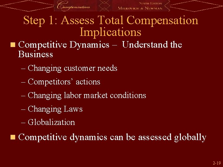 Step 1: Assess Total Compensation Implications n Competitive Dynamics – Business Understand the –