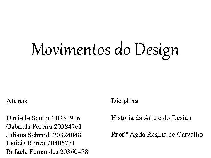 Movimentos do Design Alunas Diciplina Danielle Santos 20351926 Gabriela Pereira 20384761 Juliana Schmidt 20324048