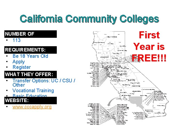 California Community Colleges NUMBER OF CAMPUSES: • 113 REQUIREMENTS: • Be 18 Years Old
