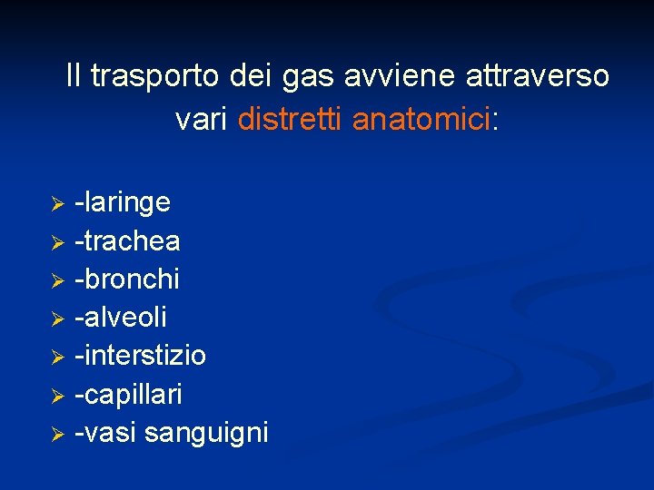 Il trasporto dei gas avviene attraverso vari distretti anatomici: -laringe Ø -trachea Ø -bronchi