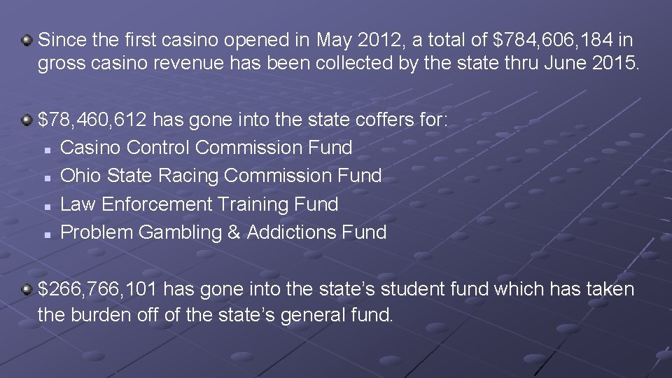 Since the first casino opened in May 2012, a total of $784, 606, 184