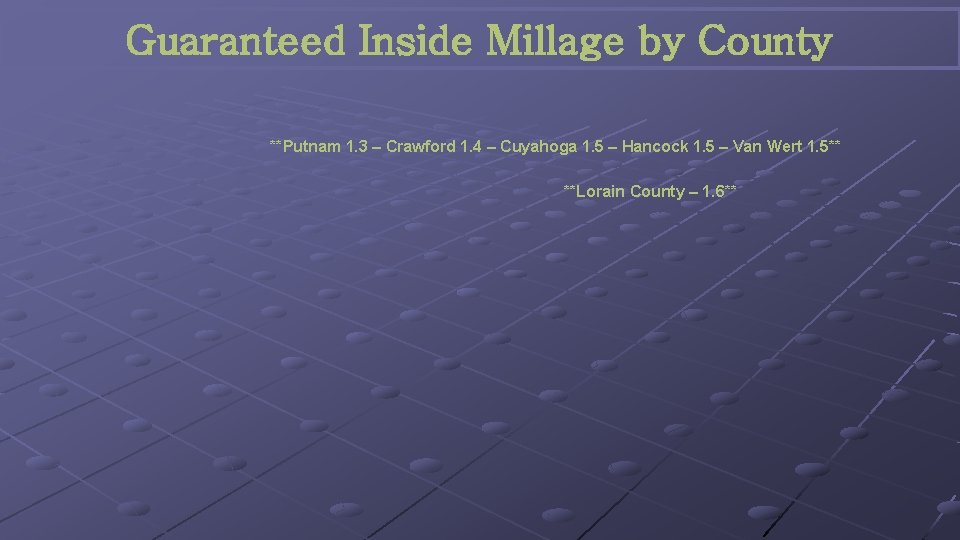 Guaranteed Inside Millage by County **Putnam 1. 3 – Crawford 1. 4 – Cuyahoga