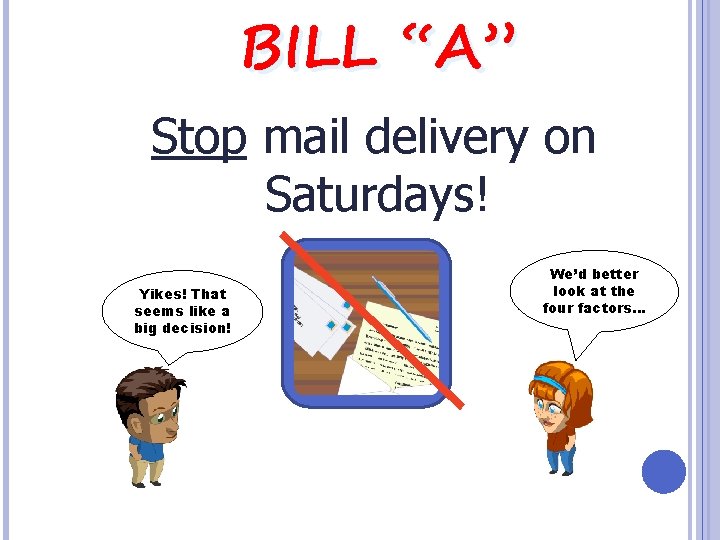 BILL “A” Stop mail delivery on Saturdays! Yikes! That seems like a big decision!