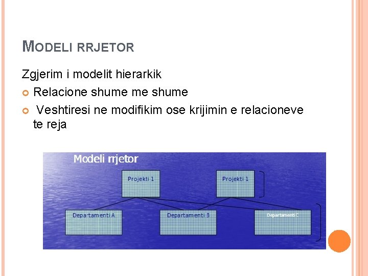 MODELI RRJETOR Zgjerim i modelit hierarkik Relacione shume me shume Veshtiresi ne modifikim ose