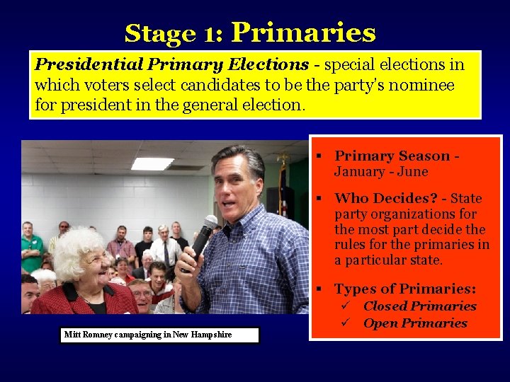 Stage 1: Primaries Presidential Primary Elections - special elections in which voters select candidates