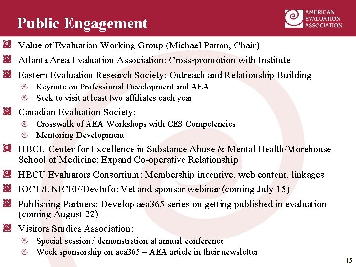 Public Engagement Value of Evaluation Working Group (Michael Patton, Chair) Atlanta Area Evaluation Association: