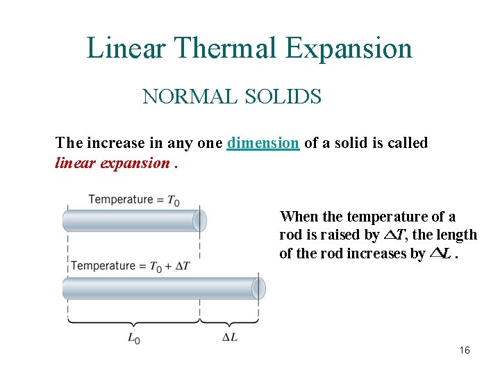 Linear Thermal Expansion NORMAL SOLIDS The increase in any one dimension of a solid