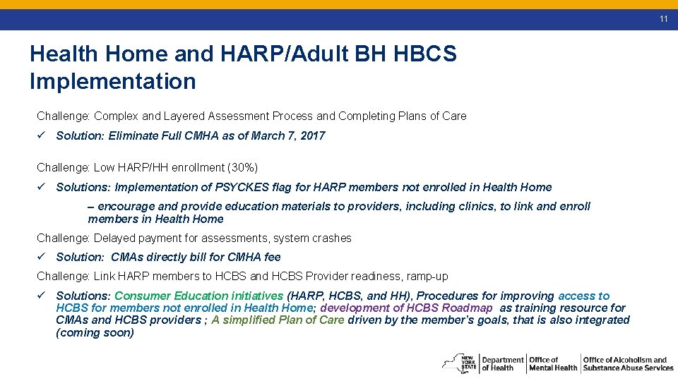 11 Health Home and HARP/Adult BH HBCS Implementation Challenge: Complex and Layered Assessment Process