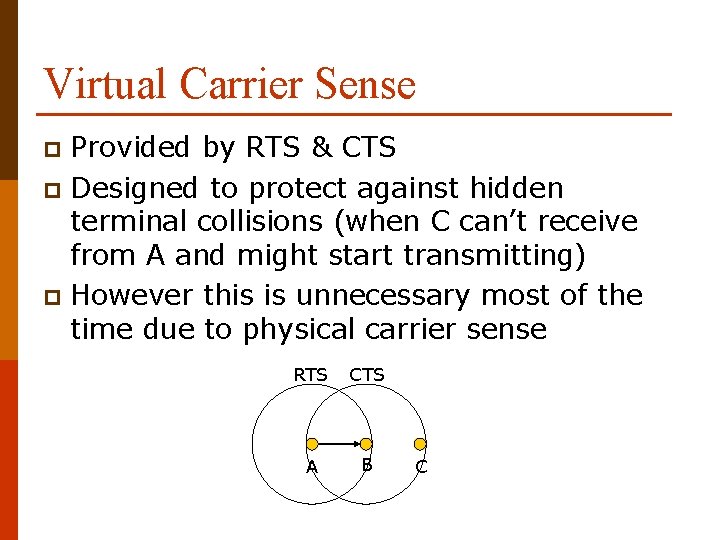 Virtual Carrier Sense Provided by RTS & CTS p Designed to protect against hidden