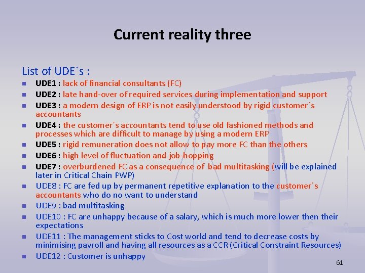 Current reality three List of UDE´s : n n n UDE 1 : lack