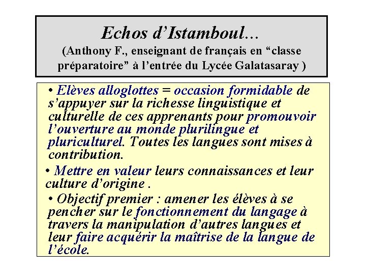 Echos d’Istamboul… (Anthony F. , enseignant de français en “classe préparatoire” à l’entrée du