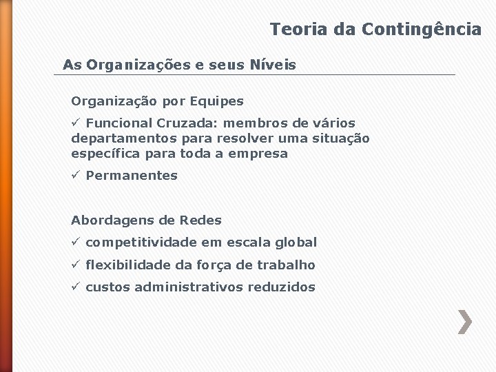 Teoria da Contingência As Organizações e seus Níveis Organização por Equipes ü Funcional Cruzada: