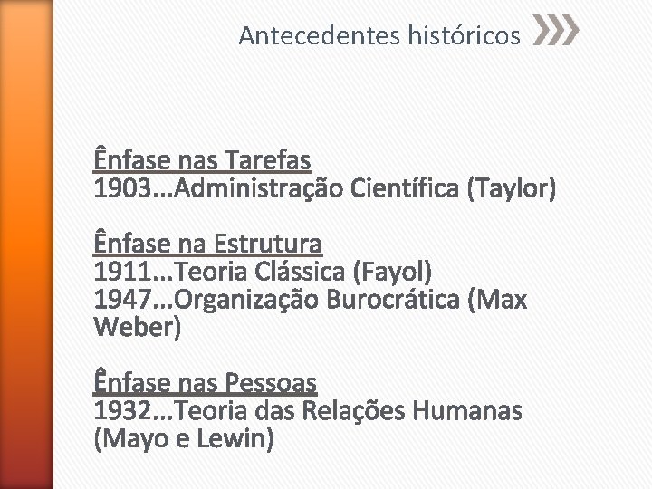 Antecedentes históricos Ênfase nas Tarefas 1903. . . Administração Científica (Taylor) Ênfase na Estrutura