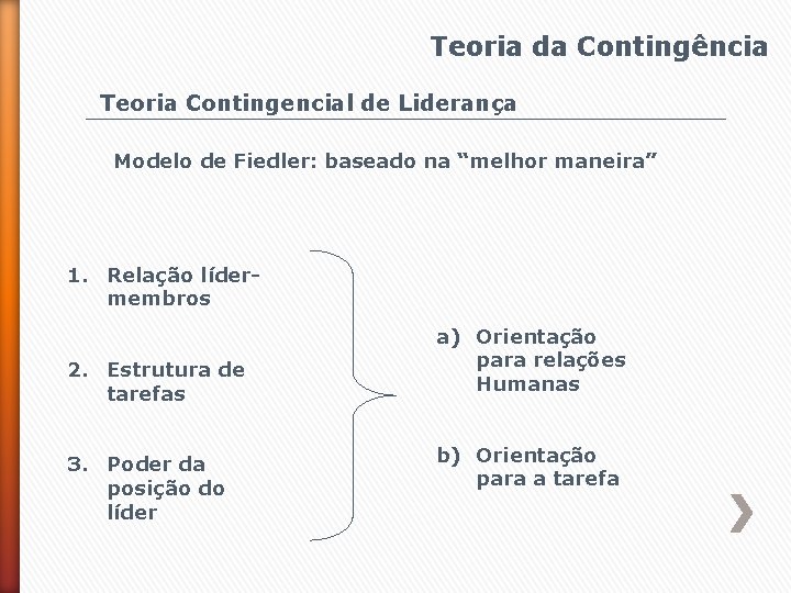 Teoria da Contingência Teoria Contingencial de Liderança Modelo de Fiedler: baseado na “melhor maneira”