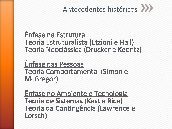 Antecedentes históricos Ênfase na Estrutura Teoria Estruturalista (Etzioni e Hall) Teoria Neoclássica (Drucker e