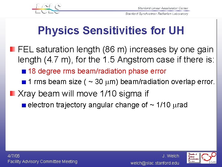 Physics Sensitivities for UH FEL saturation length (86 m) increases by one gain length