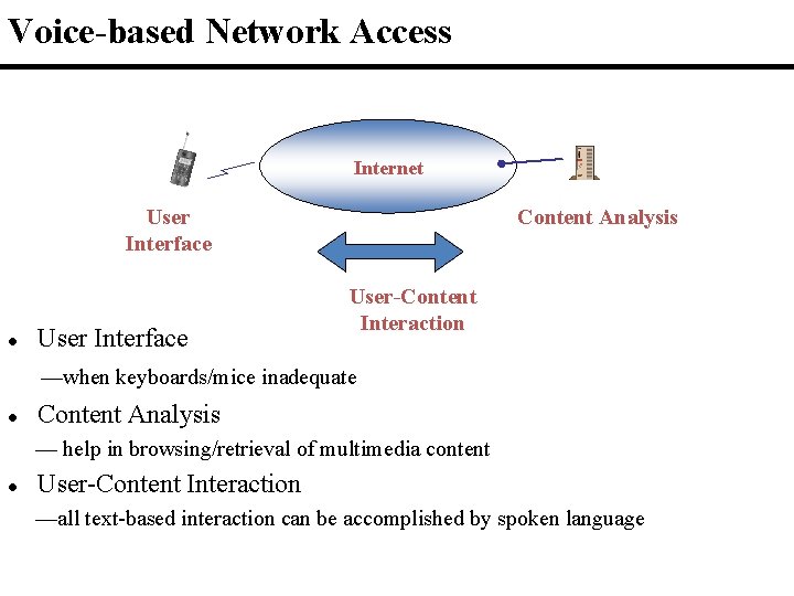 Voice-based Network Access Internet User Interface l User Interface Content Analysis User-Content Interaction —when