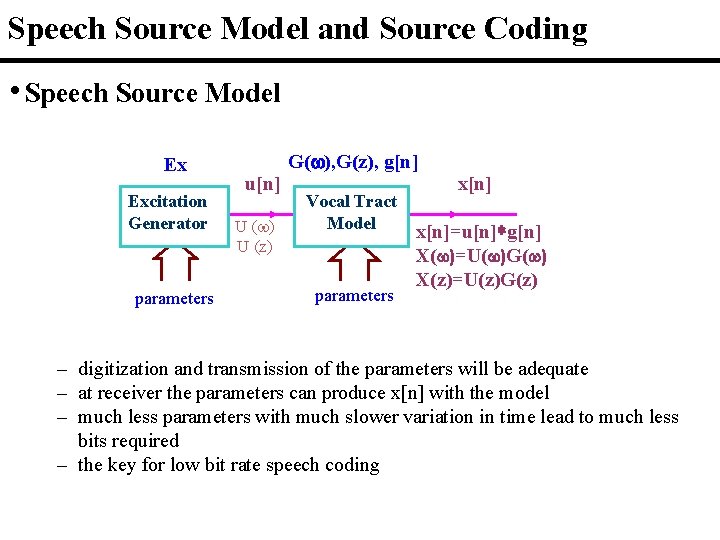 Speech Source Model and Source Coding • Speech Source Model Ex Excitation Generator parameters