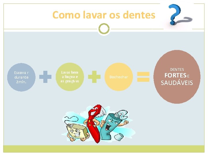 Como lavar os dentes Escova r durante 2 min. Lavar bem a língua e