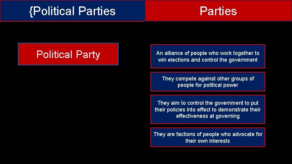 {Political Parties Political Party Parties An alliance of people who work together to win