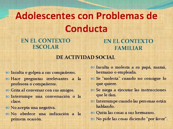 Adolescentes con Problemas de Conducta EN EL CONTEXTO ESCOLAR EN EL CONTEXTO FAMILIAR DE