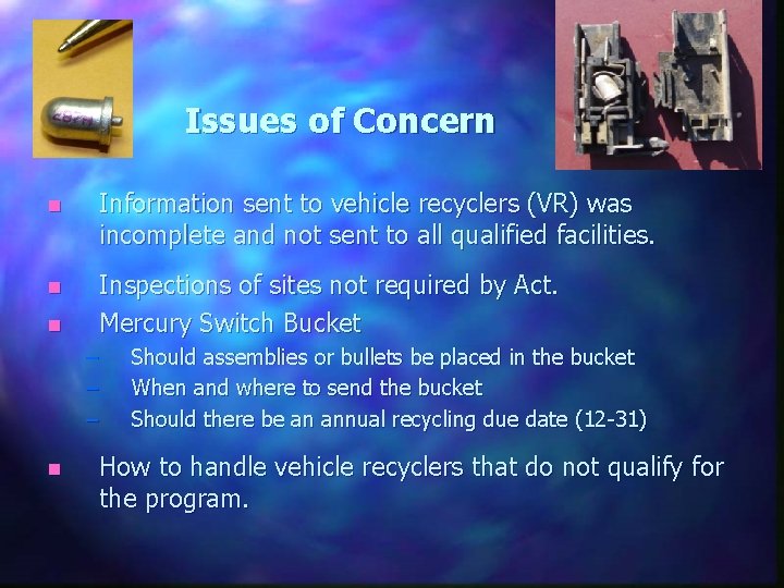 Issues of Concern n Information sent to vehicle recyclers (VR) was incomplete and not