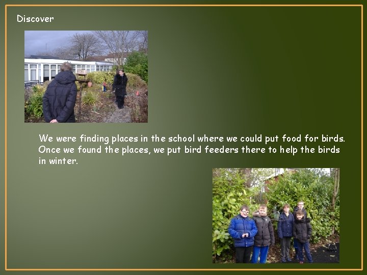 Discover We were finding places in the school where we could put food for