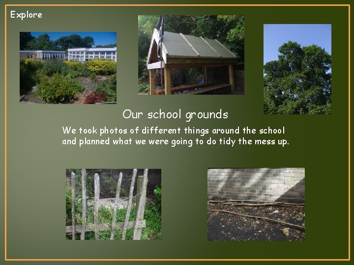 Explore Our school grounds We took photos of different things around the school and