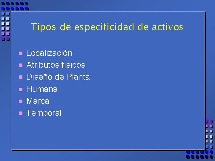 Tipos de especificidad de activos n n n Localización Atributos físicos Diseño de Planta