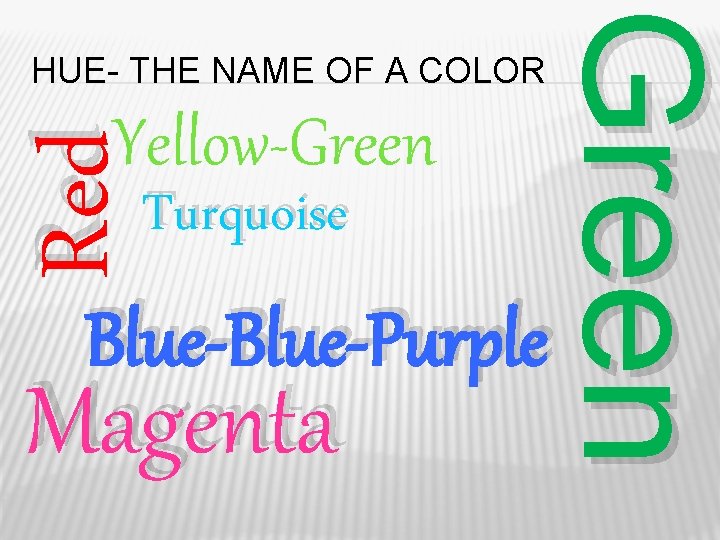 Red Yellow-Green Turquoise Green HUE- THE NAME OF A COLOR Blue-Purple Magenta 