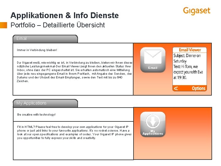 Applikationen & Info Dienste Portfolio – Detaillierte Übersicht Email Immer in Verbindung bleiben! Da