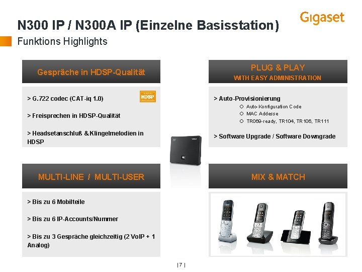 N 300 IP / N 300 A IP (Einzelne Basisstation) Funktions Highlights PLUG &