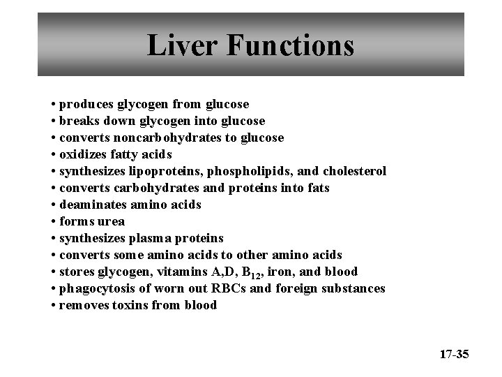Liver Functions • produces glycogen from glucose • breaks down glycogen into glucose •