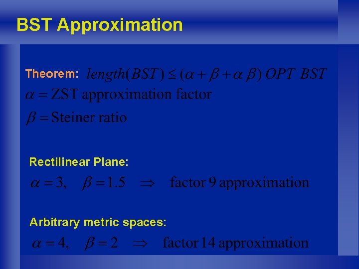 BST Approximation Theorem: Rectilinear Plane: Arbitrary metric spaces: 