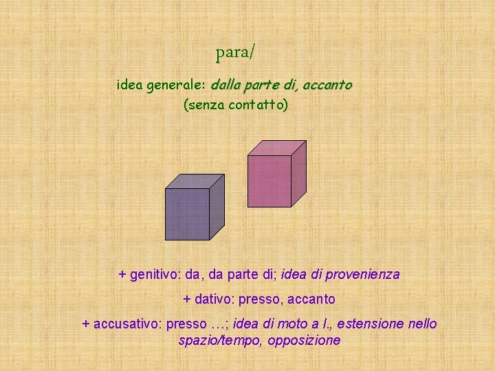 para/ idea generale: dalla parte di, accanto (senza contatto) + genitivo: da, da parte