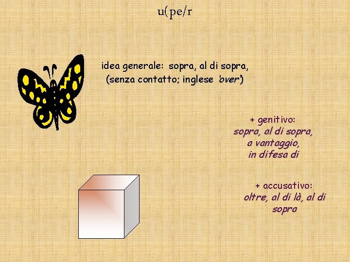 u(pe/r idea generale: sopra, al di sopra, (senza contatto; inglese ‘over’) + genitivo: sopra,