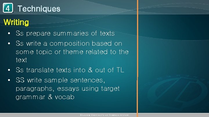 1 Techniques 4 Writing • Ss prepare summaries of texts • Ss write a