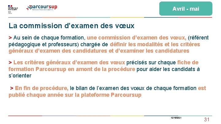 Avril - mai La commission d’examen des vœux > Au sein de chaque formation,