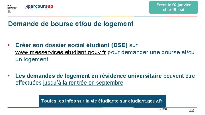 Entre le 20 janvier et le 15 mai Demande de bourse et/ou de logement