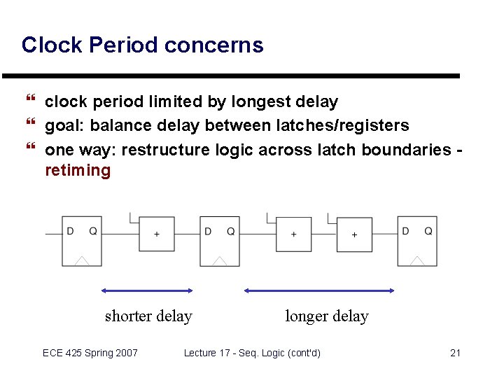 Clock Period concerns } clock period limited by longest delay } goal: balance delay