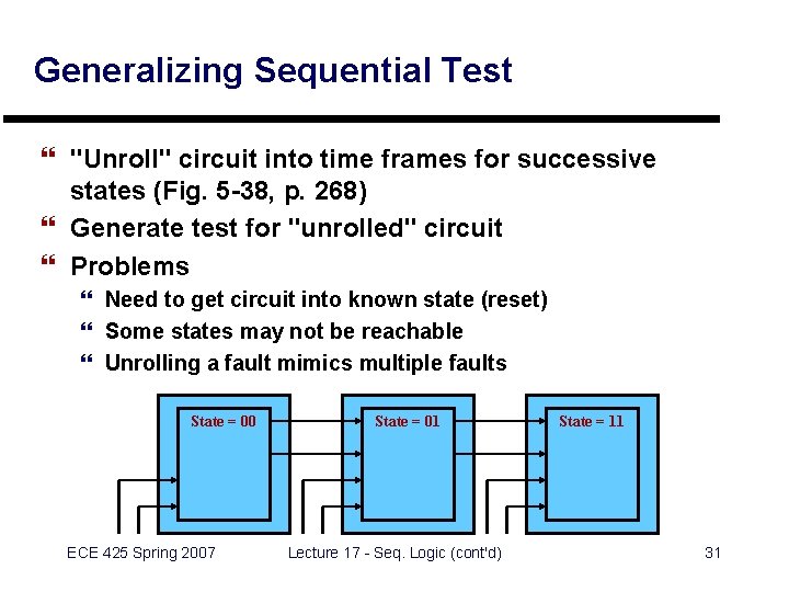 Generalizing Sequential Test } "Unroll" circuit into time frames for successive states (Fig. 5