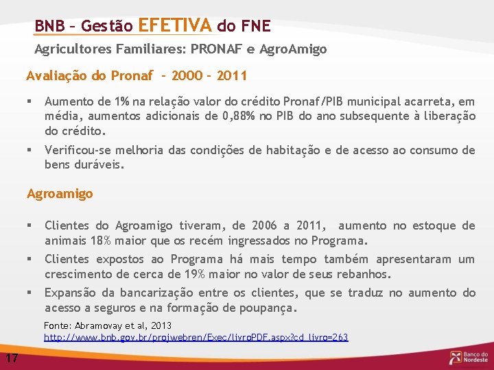 BNB – Gestão EFETIVA do FNE Agricultores Familiares: PRONAF e Agro. Amigo Avaliação do