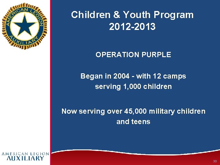 Children & Youth Program 2012 -2013 OPERATION PURPLE Began in 2004 - with 12