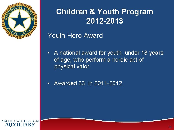 Children & Youth Program 2012 -2013 Youth Hero Award • A national award for