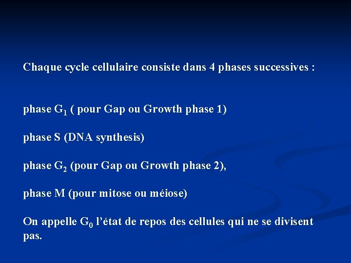 Chaque cycle cellulaire consiste dans 4 phases successives : phase G 1 ( pour