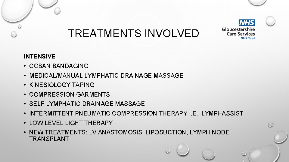 TREATMENTS INVOLVED INTENSIVE • COBAN BANDAGING • MEDICAL/MANUAL LYMPHATIC DRAINAGE MASSAGE • KINESIOLOGY TAPING