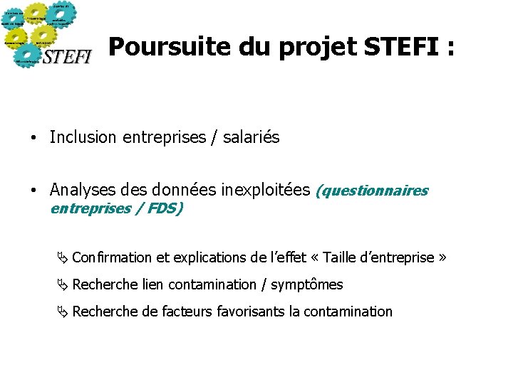 Poursuite du projet STEFI : • Inclusion entreprises / salariés • Analyses données inexploitées