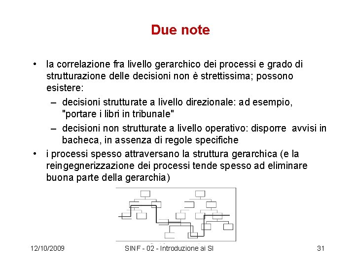 Due note • la correlazione fra livello gerarchico dei processi e grado di strutturazione