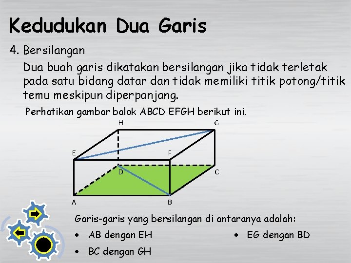 Kedudukan Dua Garis 4. Bersilangan Dua buah garis dikatakan bersilangan jika tidak terletak pada